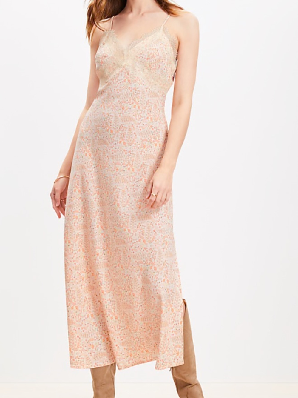 Loft 14 Dress Paisley Eyelash Lace Trim Midi Slip Dress Ann Taylor in Popcorn